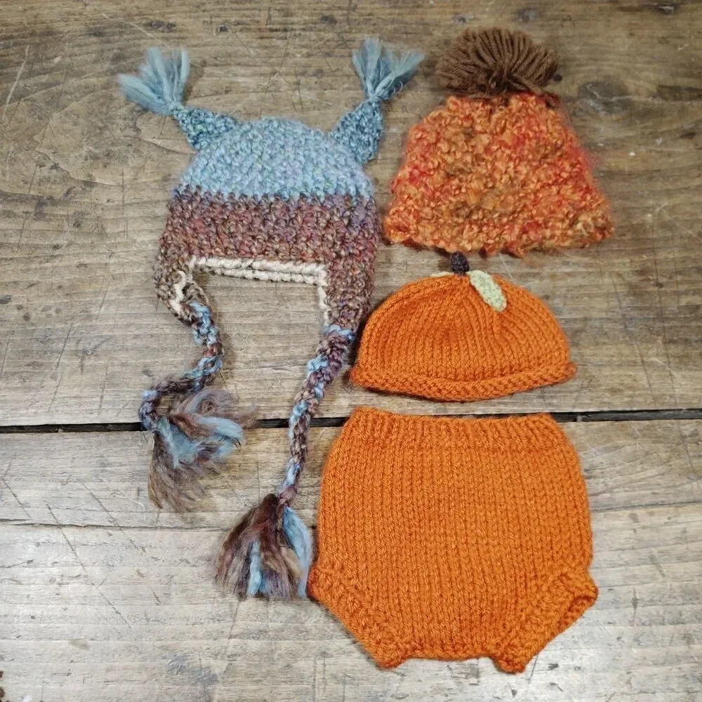 Baby Hand Knit Hat Handmade Crochet Cap Owl Pumpkin Fall Lot New